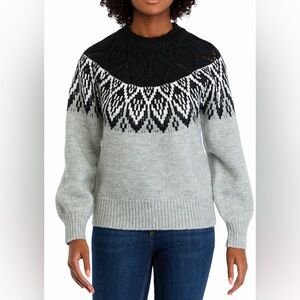 Crown & Ivy Black and Gray Fair Isle Sweater Women’s Small Crew Neck Open Weave